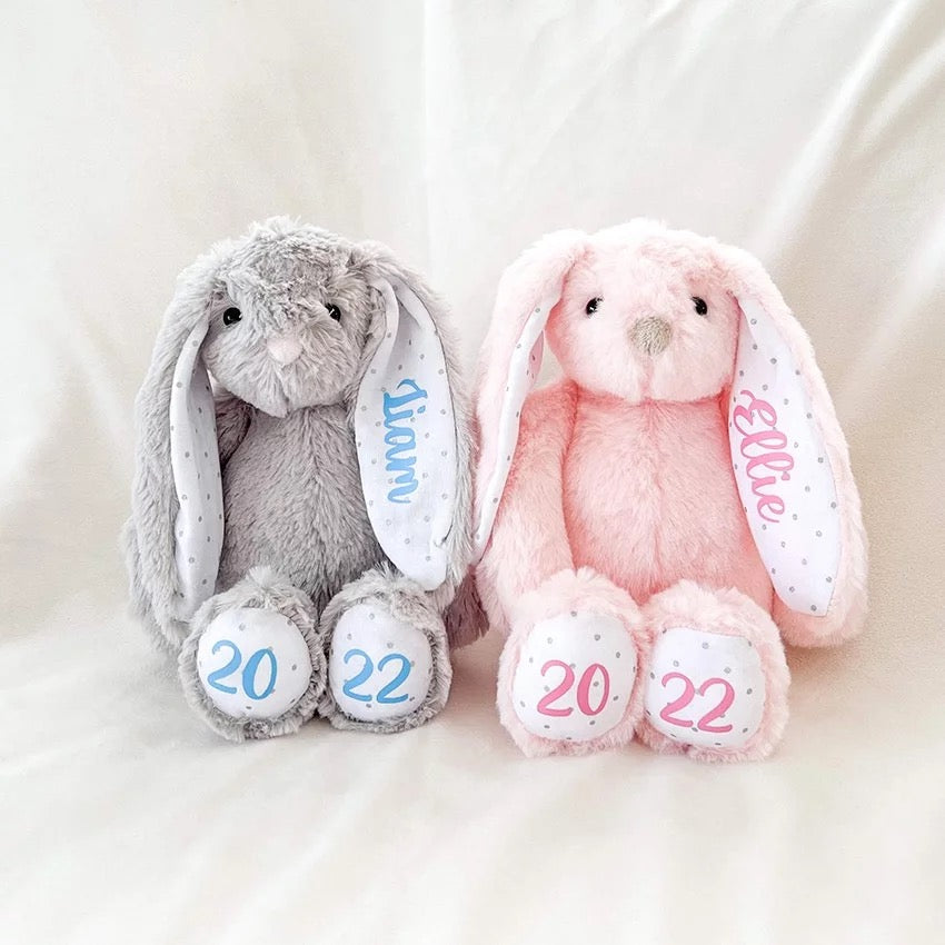 Personalized Plush Easter bunnies.