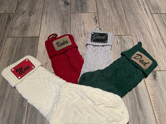 Knit Christmas stockings with Personalized leather patch